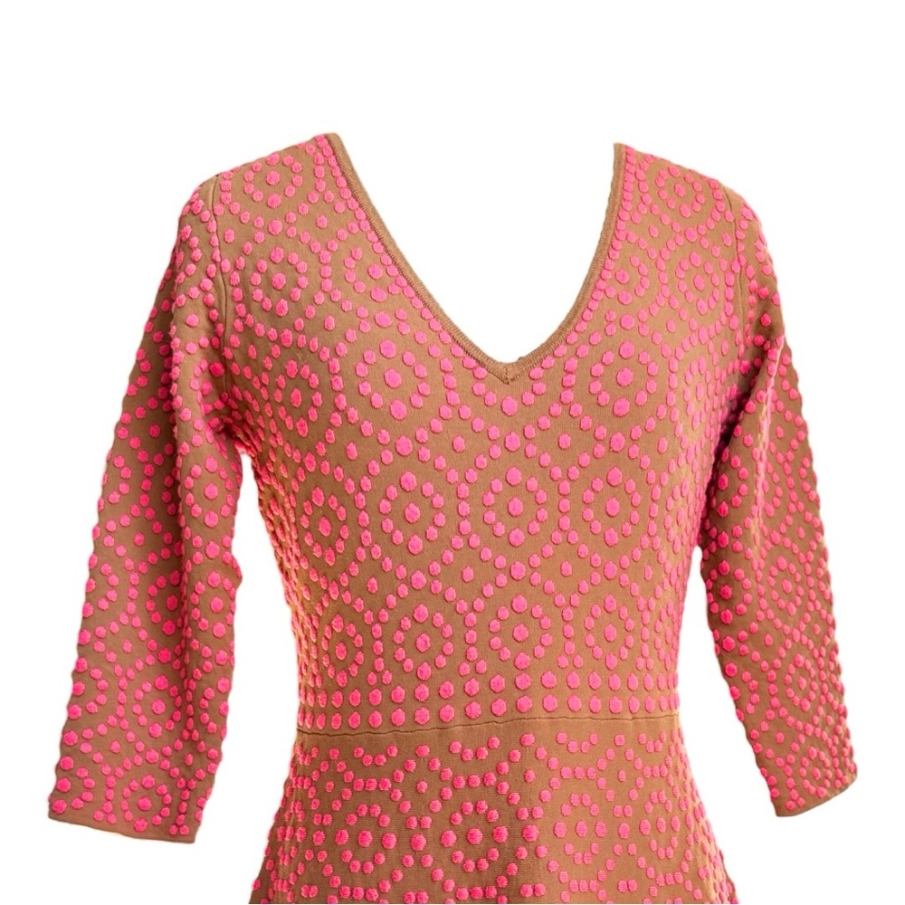 Boden Pink and Tan Midi Dress with 3/4 Sleeves and V-Neck - Picture 3 of 10